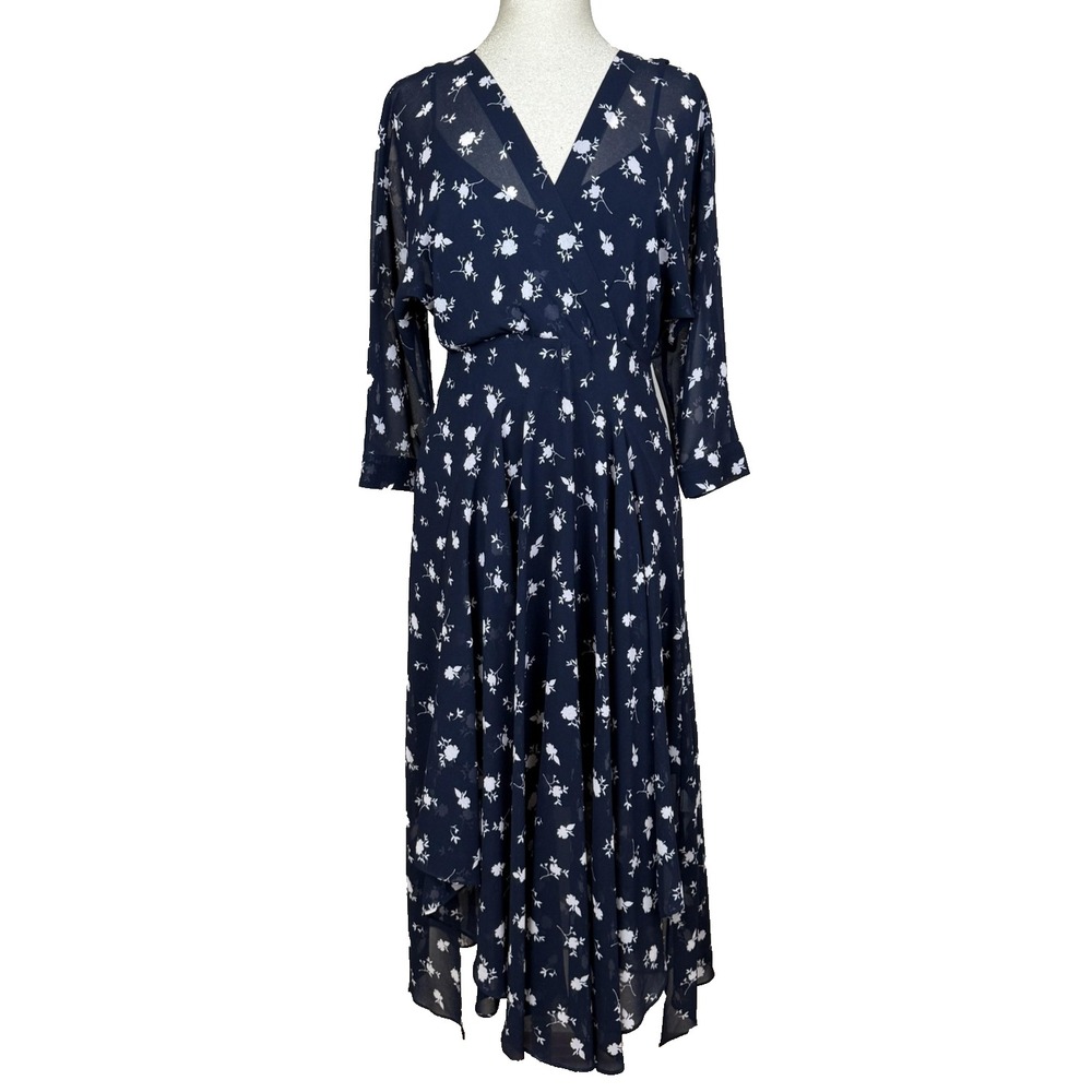 Cabi Dress Womens 6 Blue Floral Chiffon Wrap V Neck 3/4 Sleeve Midi Fit & Flare